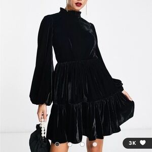 ASOS DESIGN velvet mini smock dress with pockets and pie crust neck in black